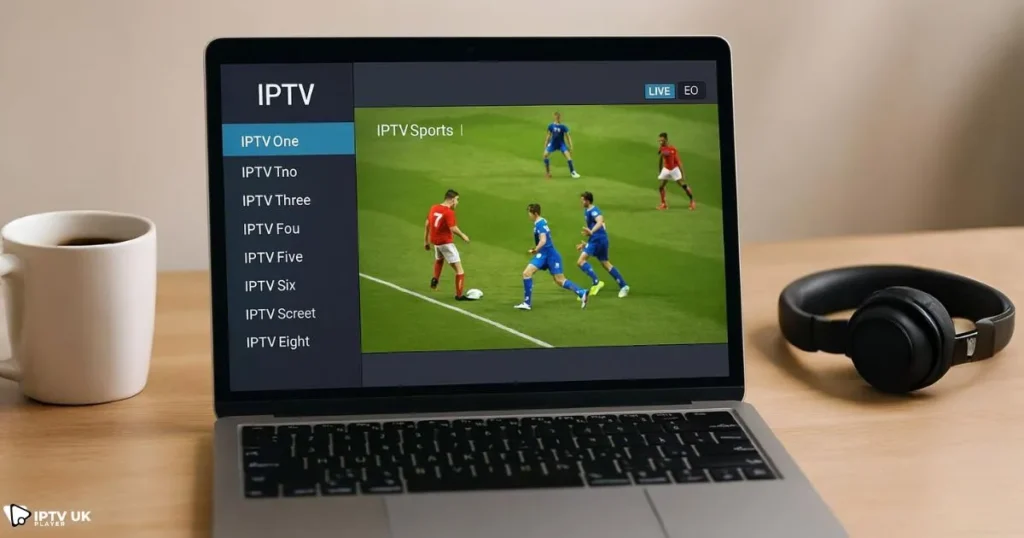 Windows laptop streaming live sports using an IPTV player for Windows