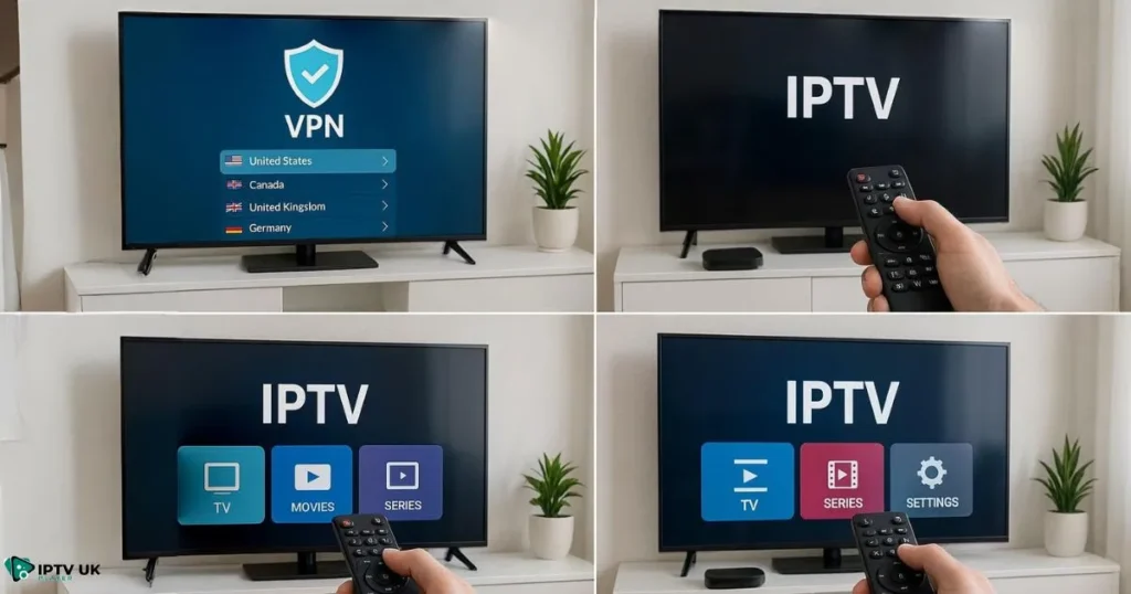 Setup process of an android iptv box with vpn showing VPN activation and IPTV streaming interface.
