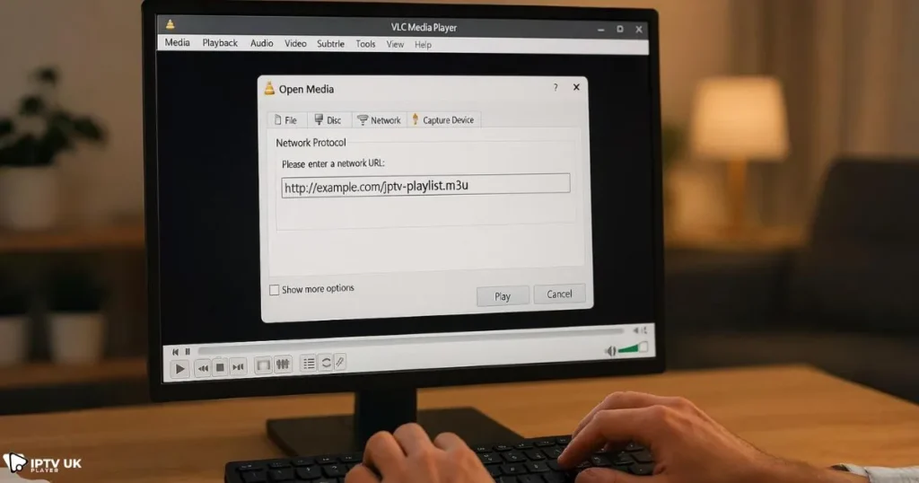 User adding an IPTV playlist link into VLC pc iptv player software