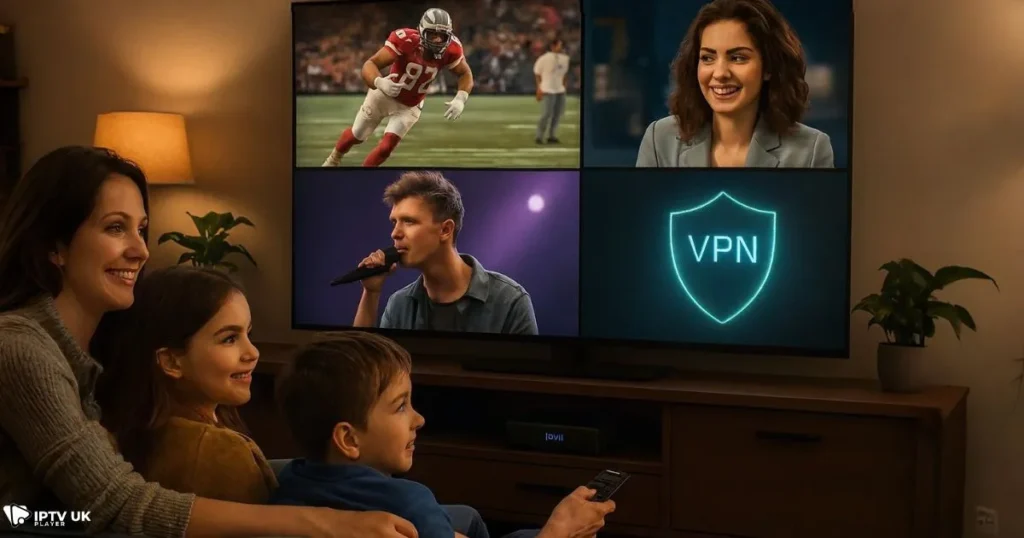 Family enjoying streaming on a smart iptv box vpn with smooth and secure entertainment experience.