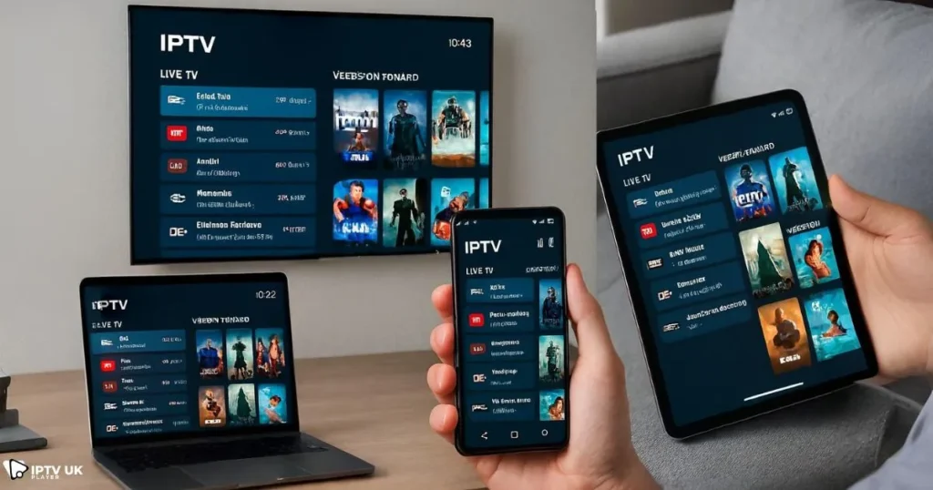 Cross-device IPTV streaming showing Smart TV, Windows PC, Android, and iOS apps working together.