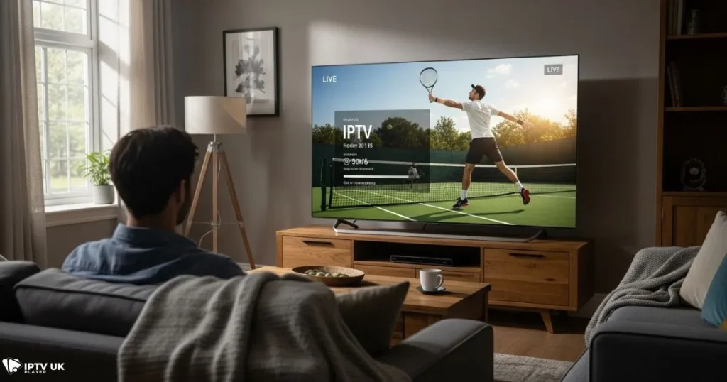 Enjoying a tennis live stream on IPTV in a modern UK living room.