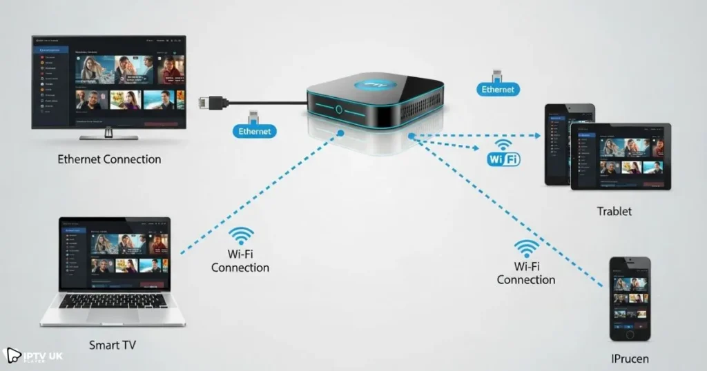 Illustration of IPTV box compatibility showing connection to multiple smart devices.