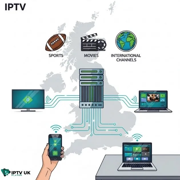 Illustration of IPTV in the UK connecting multiple devices for streaming