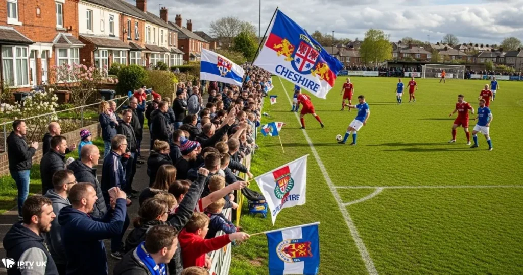 Local fans watching a live Cheshire football league match at a community pitch.
