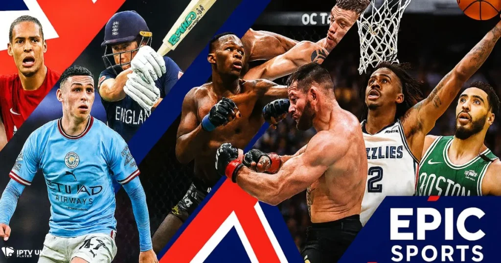 Epic Sports channel highlights showing football, cricket, UFC, and basketball.