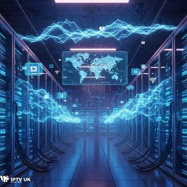 High-tech server room visualizing a reliable IPTV stable server for uninterrupted streaming.
