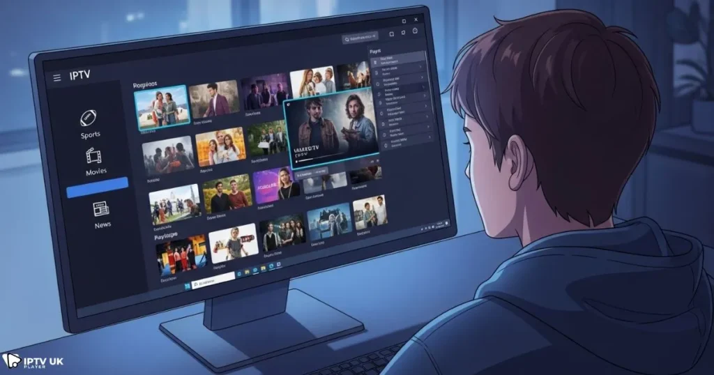 User streaming live TV on a Windows IPTV player interface