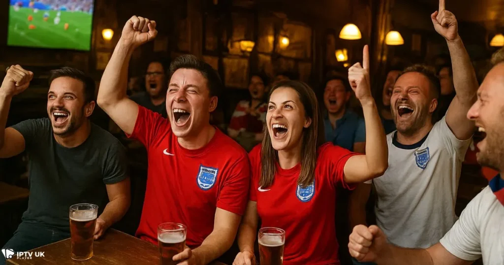 Football fans in a UK pub soccer zone watching live soccer together.