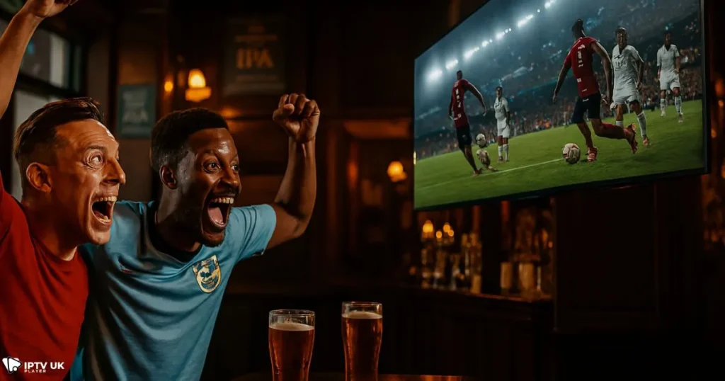 Fans in the UK enjoying IPTV sports streaming exclusive football matches.