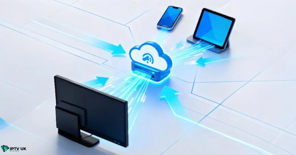 how IPTV works illustrated with streaming servers delivering content to devices