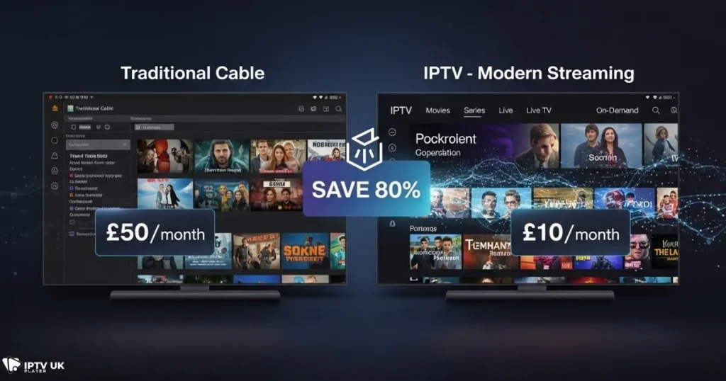 Comparison of traditional TV and cheapest IPTV UK services showing cost and quality difference
