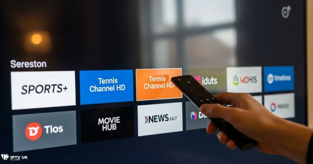 IPTV sports UK menu showing live on tennis IPTV channel options.