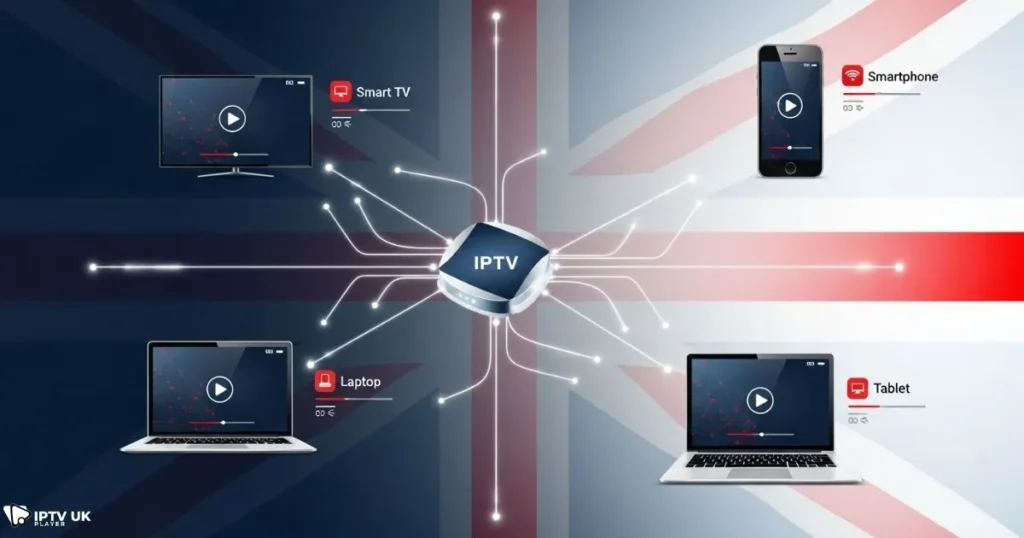 IPTV for all devices visual showing stable IPTV connection across smart TVs and mobile devices.