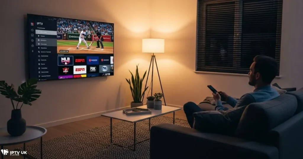 User watching live baseball streaming through MLB IPTV UK service on Smart TV.