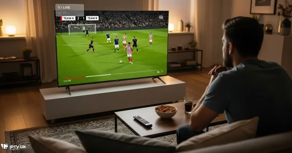 Fan watching Cheshire football live using UK football IPTV service on Smart TV.