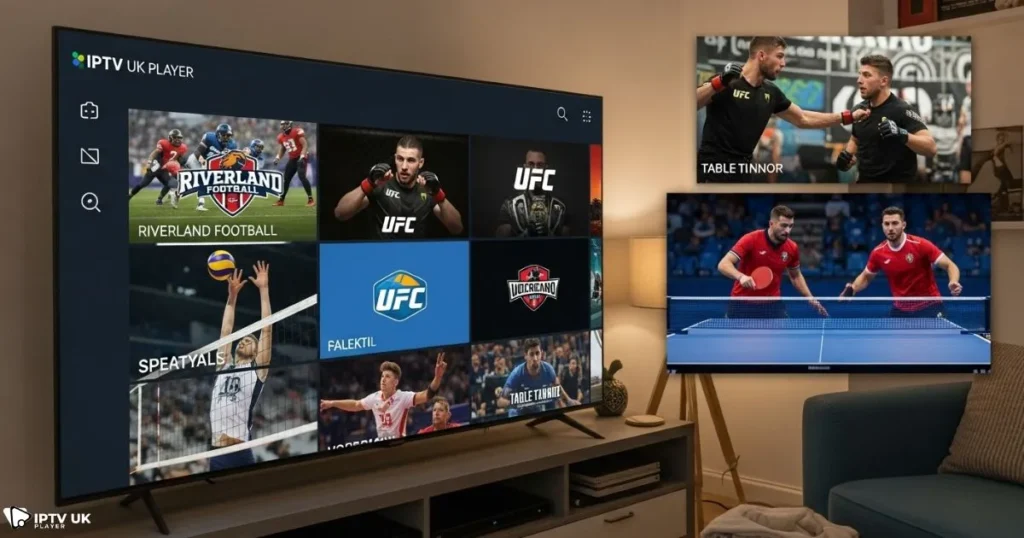 IPTV UK Player interface showing Riverland football streaming alongside other live sports.