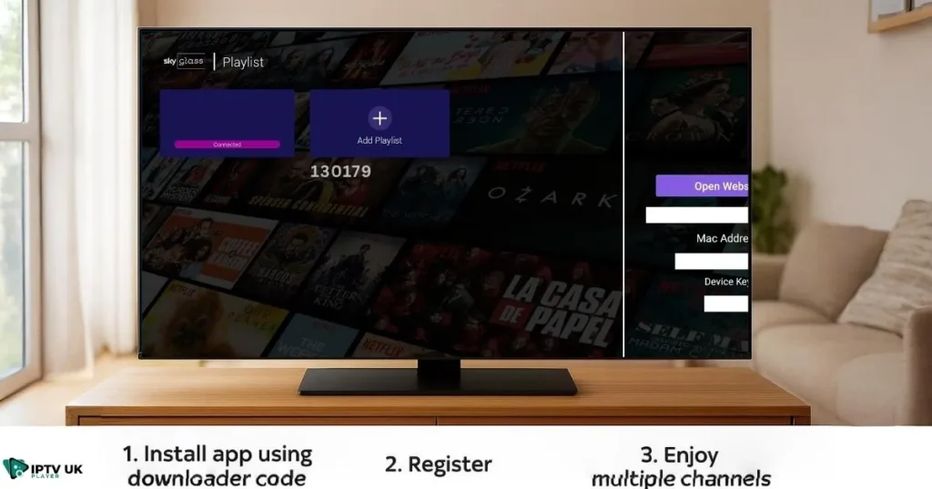 Sky glass iptv setup steps using downloader code and IPTV app interface.