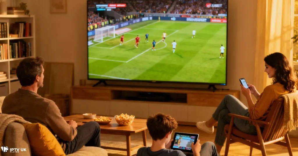 IPTV meaning shown with family streaming live sports and on-demand shows at home