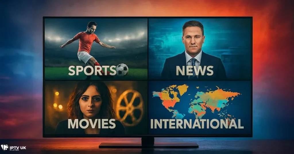 Xtream IPTV content library showcasing movies, sports, and live TV channels.
