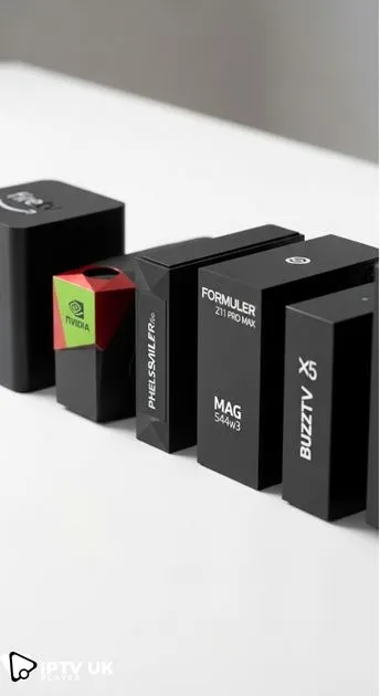 Comparison image of top IPTV boxes of 2025, highlighting smart IPTV box and android IPTV box options.