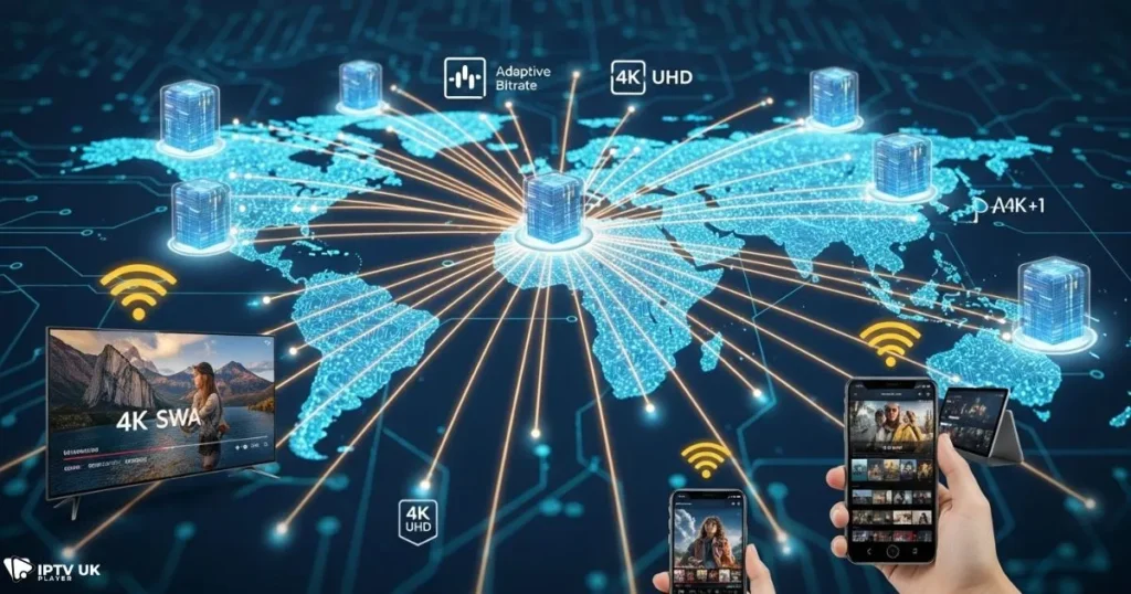 Visualization of advanced IPTV the best server technology enabling smooth 4K streaming worldwide.