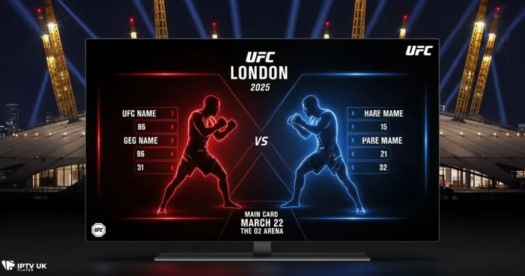 Official UFC London 2025 fight card display — ufc fight night london live stream visual.