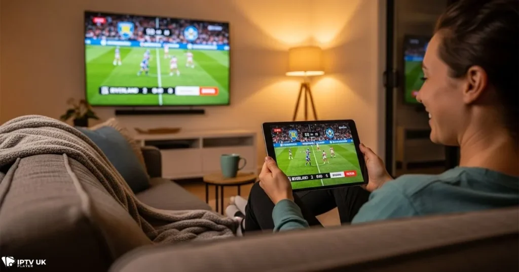 Person watching Riverland football streaming on tablet using IPTV service at home.