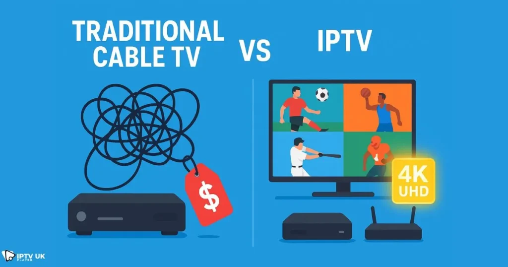 Comparison chart showing IPTV subscriptions offering better HD sports channels and flexibility than cable TV