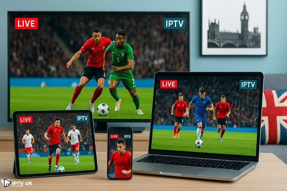 Multiple devices streaming live football IPTV across the UK soccer zone.