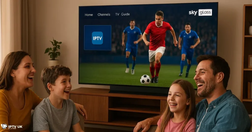 Family enjoying install iptv on sky glass for 4K sports and live streaming.
