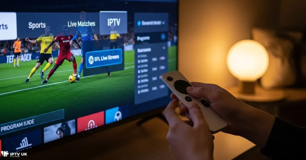 User browsing IPTV channels to watch EFL live stream on Smart TV in the UK.