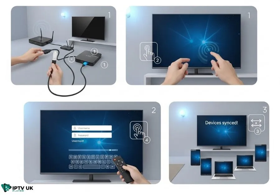 Visual guide demonstrating IPTV box setup for multiple devices at home.