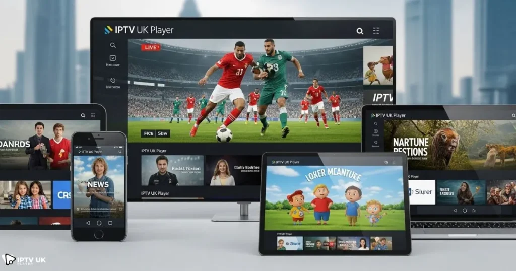 Multiple screens showing IPTV UK Player’s multi-device iptv streaming service in 4K UK quality.