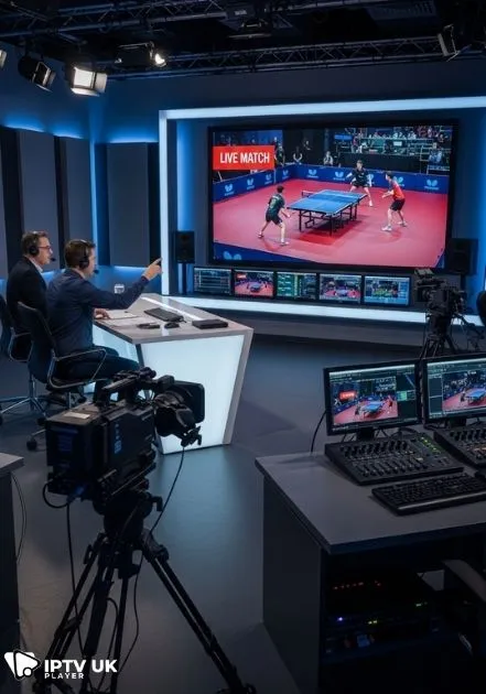 Sports Direct Ping Pong live broadcast studio showing IPTV coverage of table tennis matches.