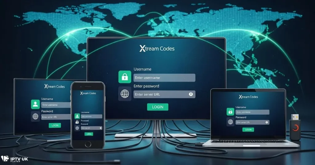 Multiple devices displaying Xtream Codes login screen for Xtream IPTV player setup