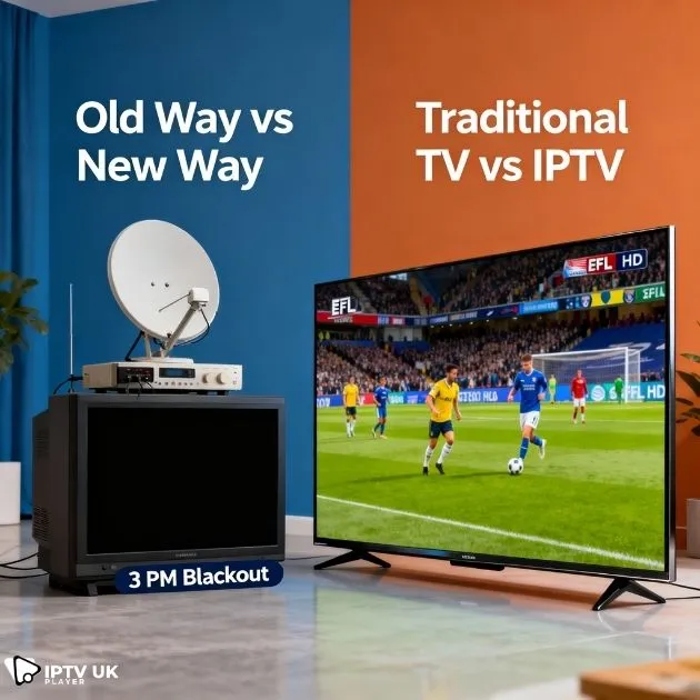 Comparison showing how the best IPTV for EFL overcomes UK TV blackouts and enables full EFL live streaming.