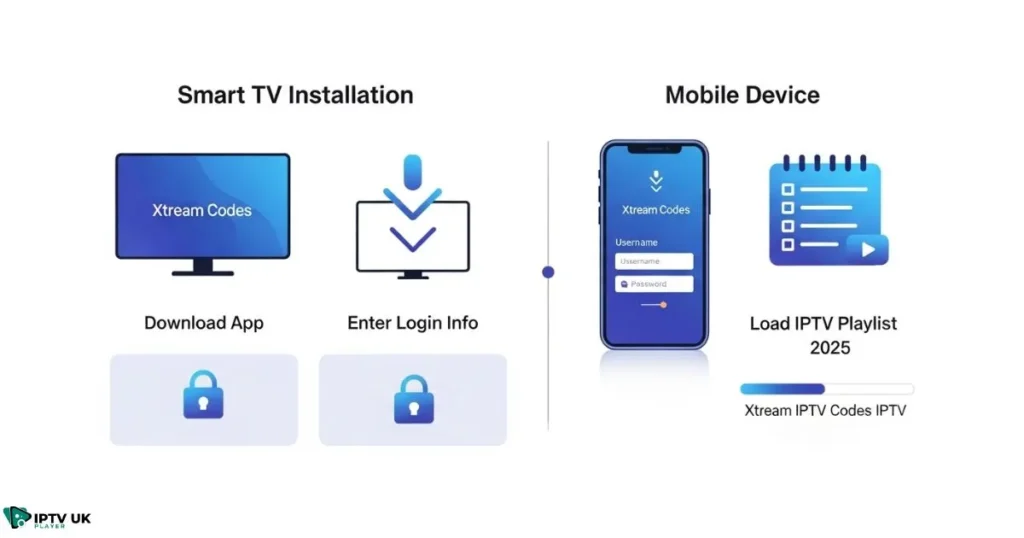 Step-by-step guide illustration showing setup process for Xtream Codes IPTV 2025 on Smart TV and mobile