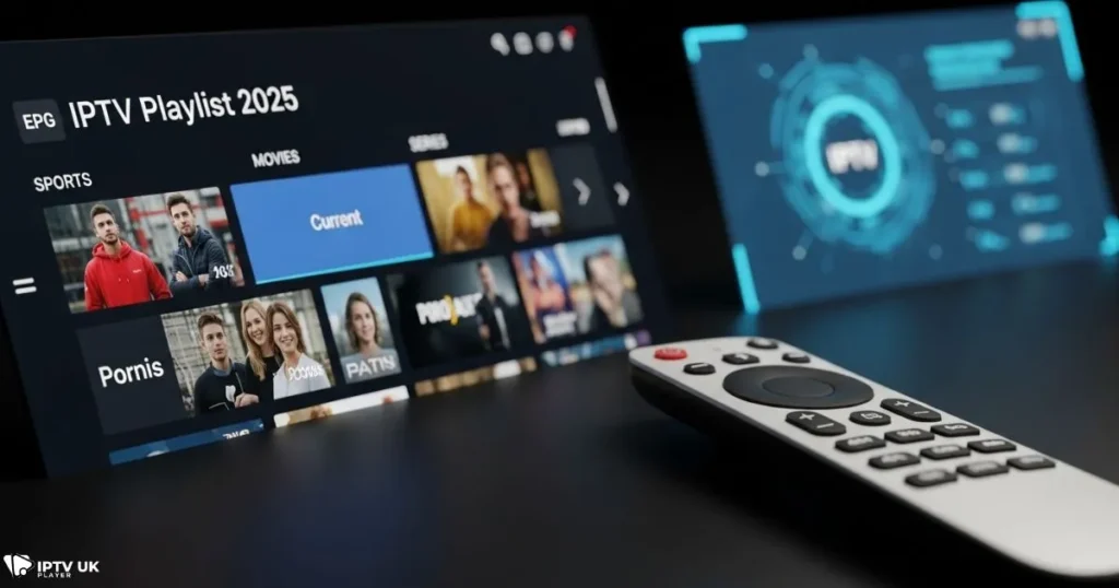 IPTV playlist 2025 interface with EPG and channel categories on Xtream IPTV player