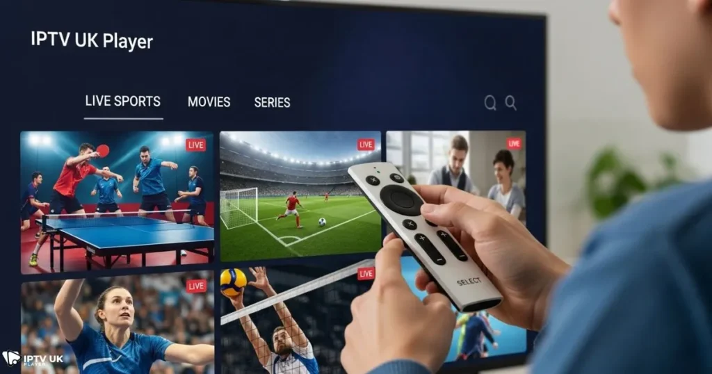 Viewer browsing IPTV sports channels to watch Sports Direct Ping Pong and other live sports.