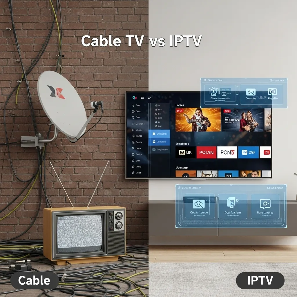 Illustration comparing traditional cable with modern iptv great streaming technology in the UK.