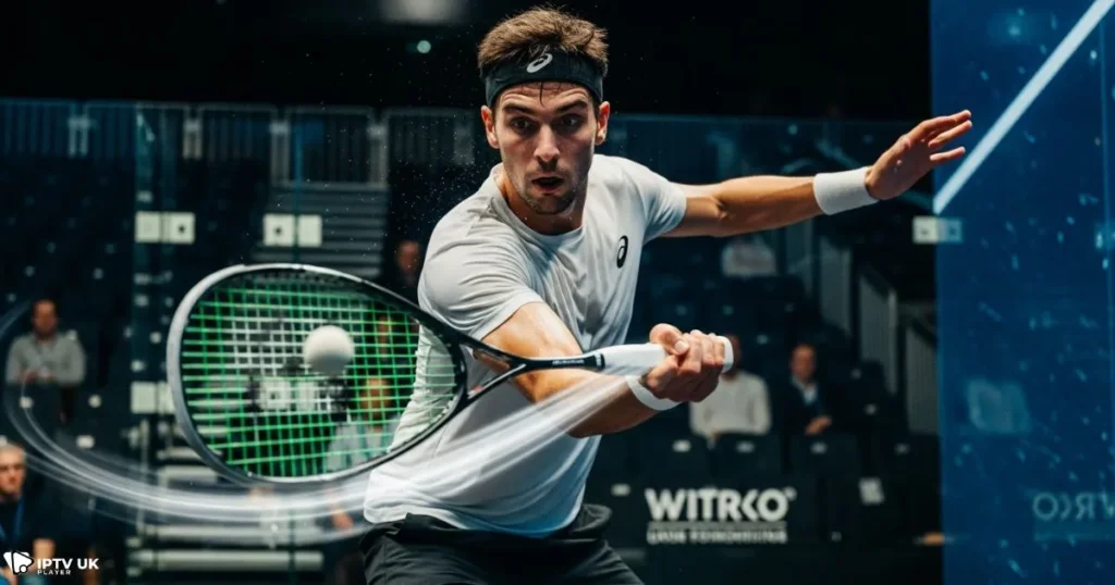 Player serving during a live squash sport match in the UK.