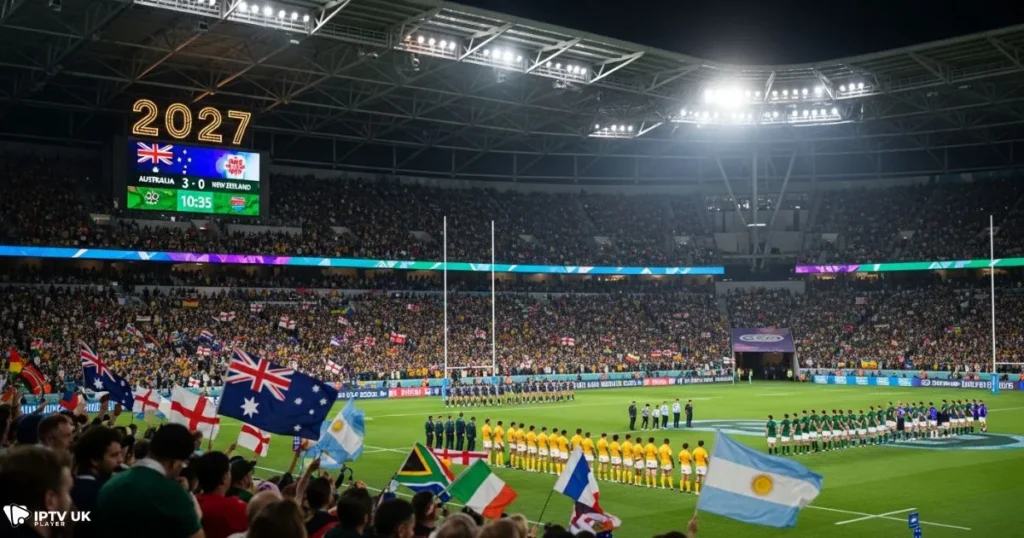 Rugby World Cup 2027 opening match in Australia with global fans watching live.