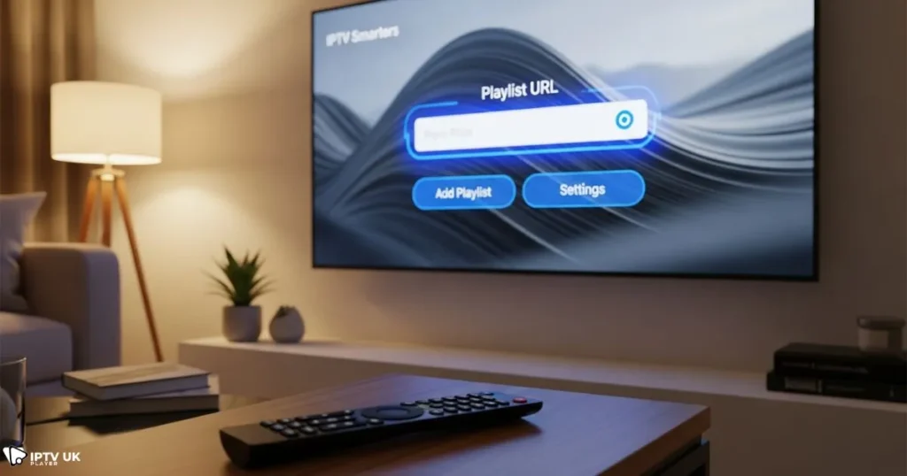 Firestick setup screen displaying an iptv playlist player for loading a 3mu iptv link