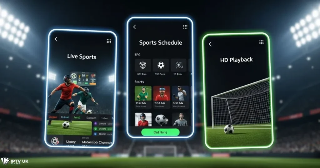 Illustration of different options for an IPTV football app used to watch football online.