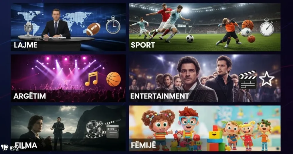Overview of the variety of albkanale channels available across news, sports, movies, and entertainment.