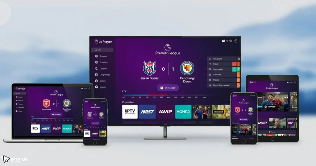 Multi-device setup showing live football streaming on IPTV UK Player