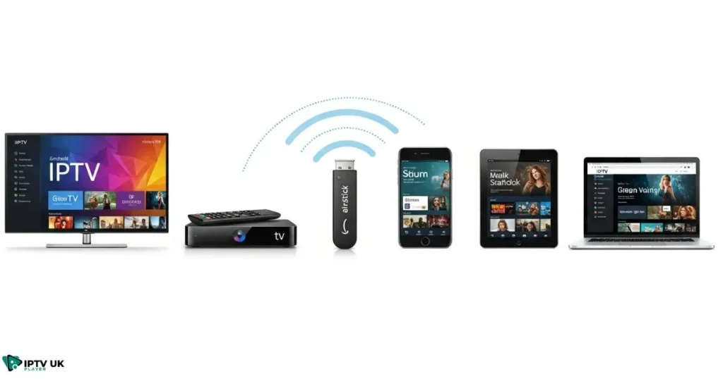 Devices commonly used for albkanale streaming, including Smart TVs, phones, and TV boxes.