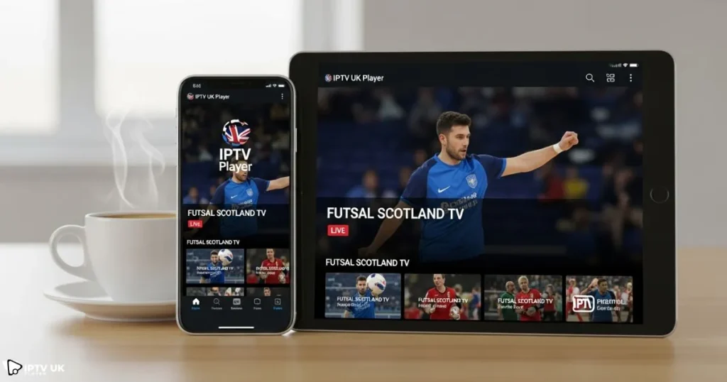 User accessing futsal scotland tv live through IPTV UK Player on mobile device