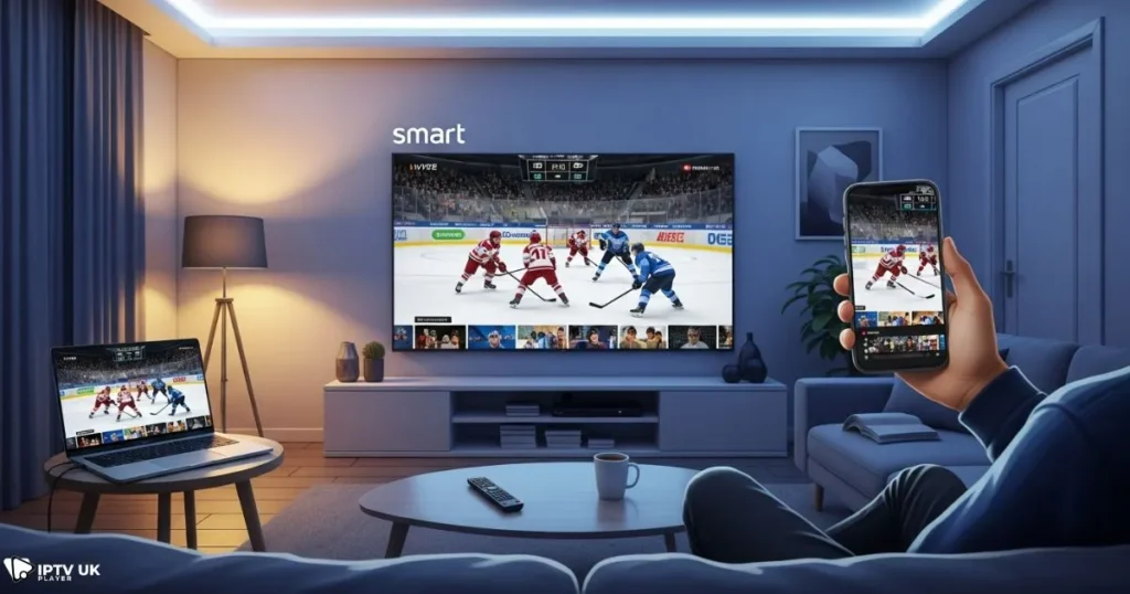 Viewer streaming Leeds ice hockey live using IPTV UK Player on multiple devices at home.